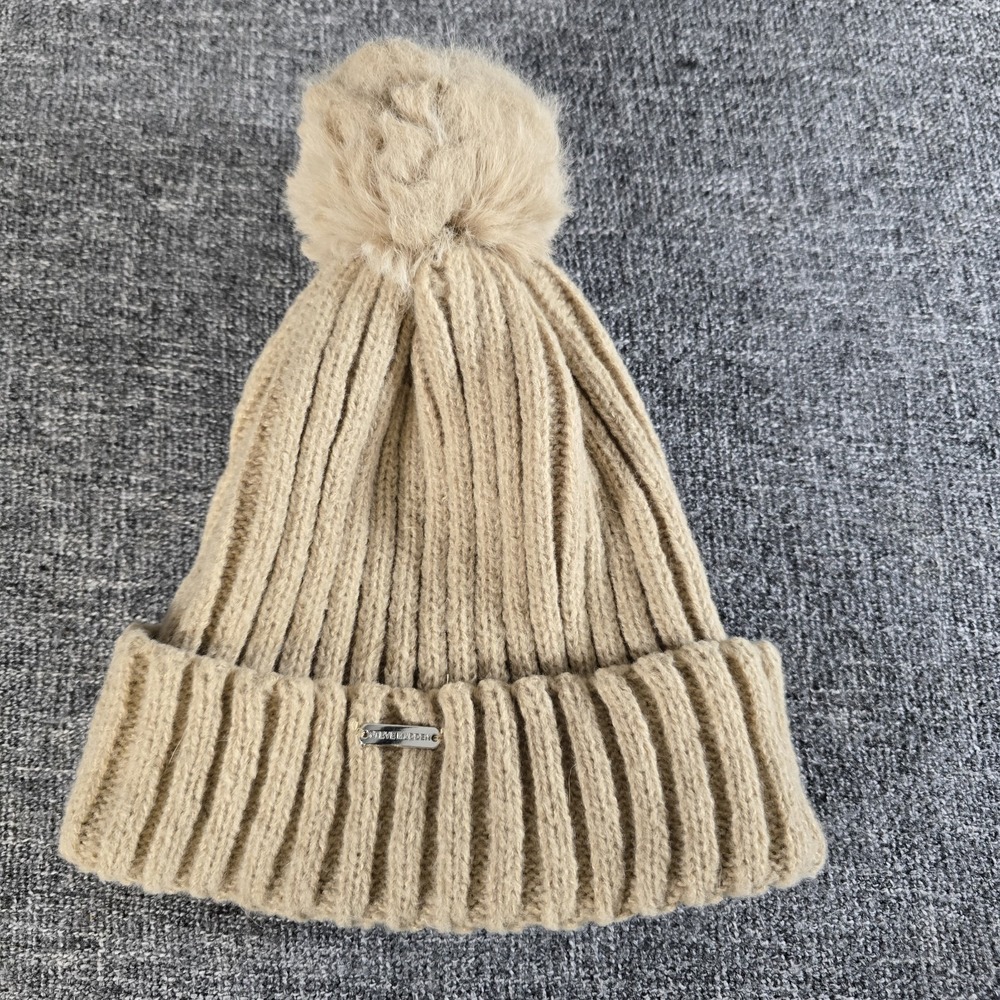 Steve Madden Tan Ribbed Knit Beanie Faux Fur Pom Pom Hat Beige One Size